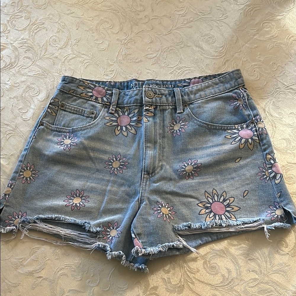 No Boundaries Blue Jean Shorts with Floral Design